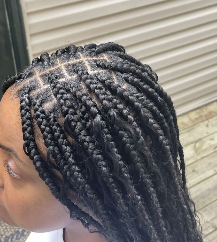 Close-up of square parts on fresh box braids