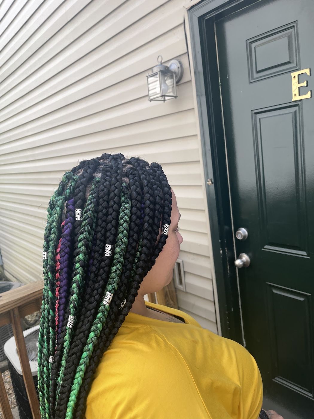 Green and purple braids, side view